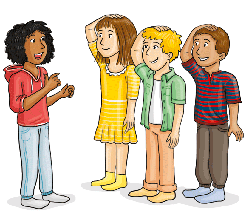 Zeichnung: Ein Kind steht vor der Gruppe, alle Mitglieder berühren den Kopf mit einer Hand.