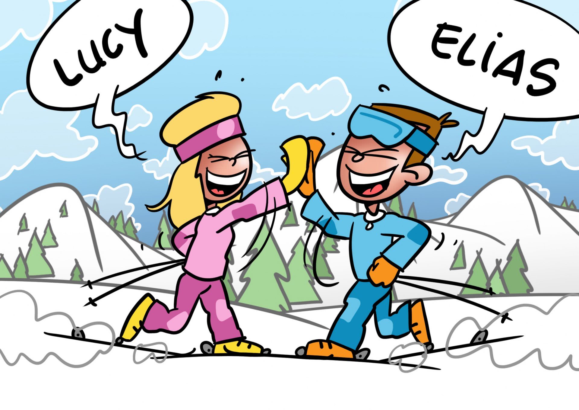 Dessin: deux skieurs se tapent dans la main et déclinent leur prénom.