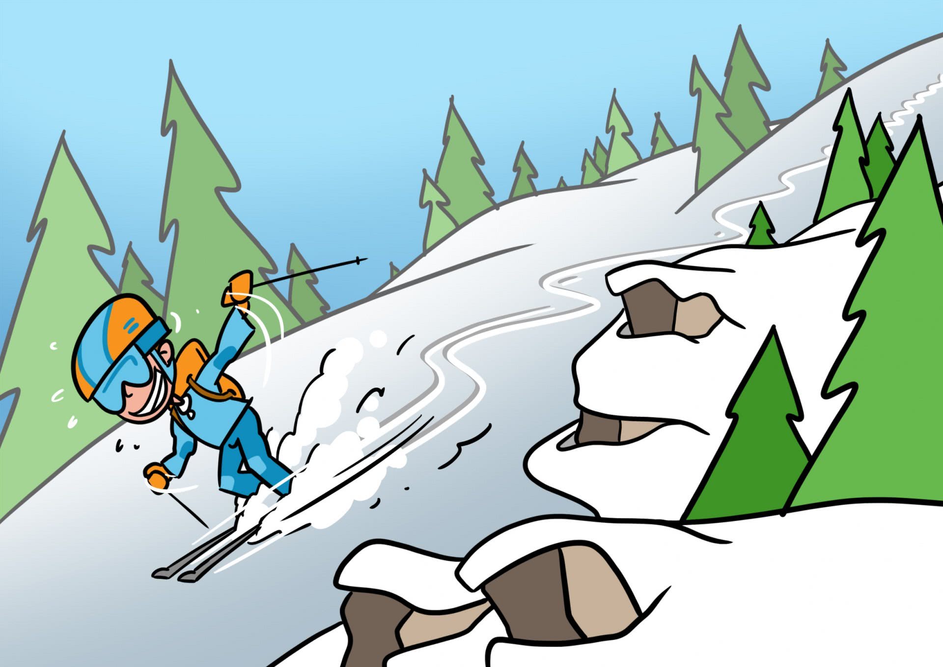 Zeichnung: Ein Skitourerngänger auf einer Abfahrt.