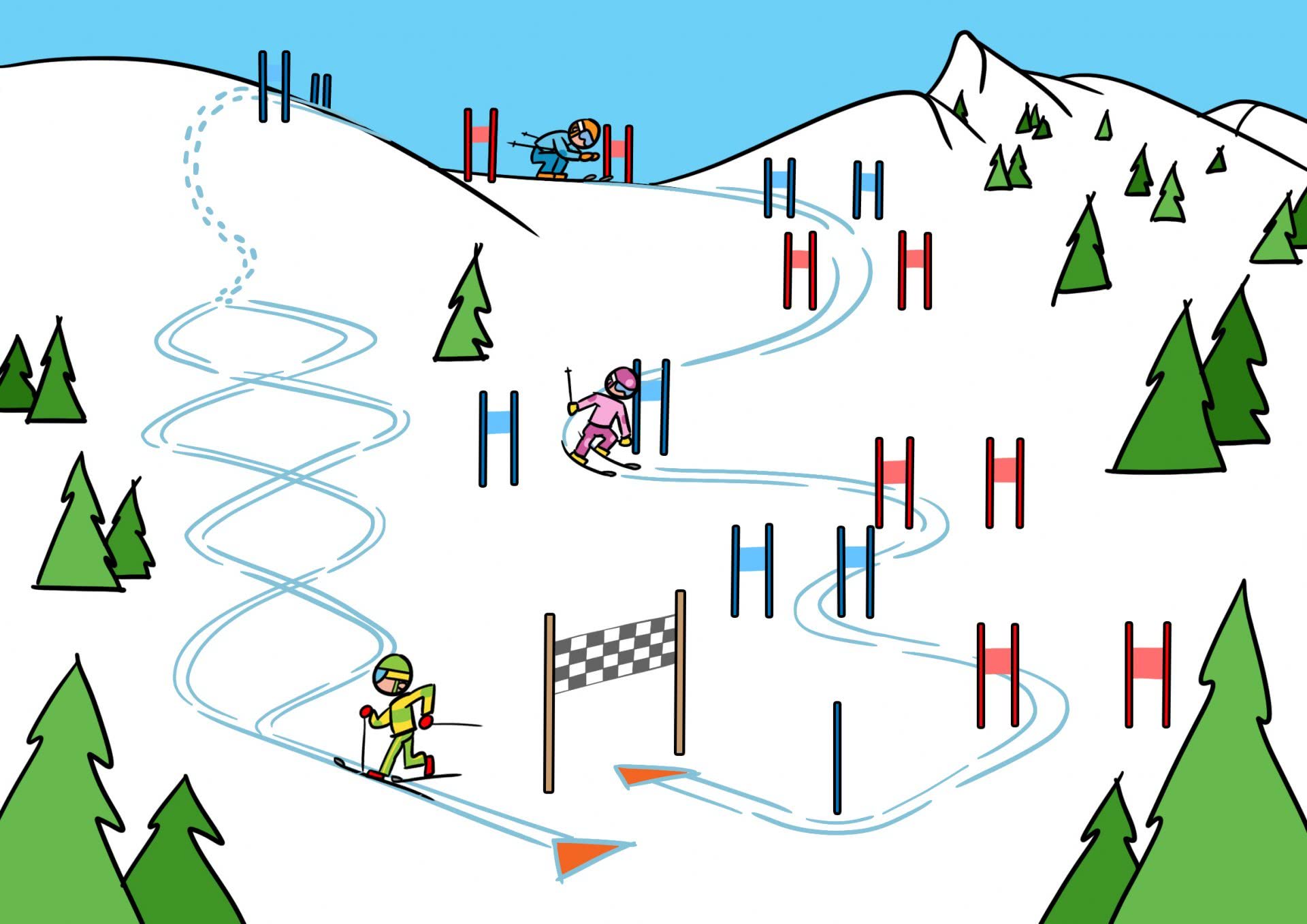 Dessin: des skieurs effectuent un parcours.