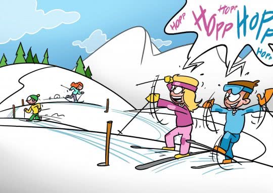 Dessin: des skieurs participent à une estafette.