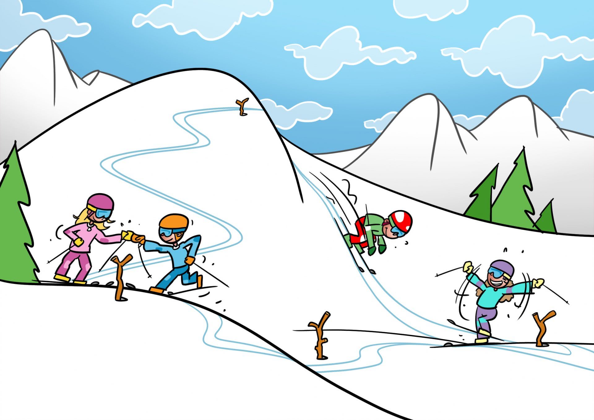Dessin: des skieurs effectuent une course de relais.
