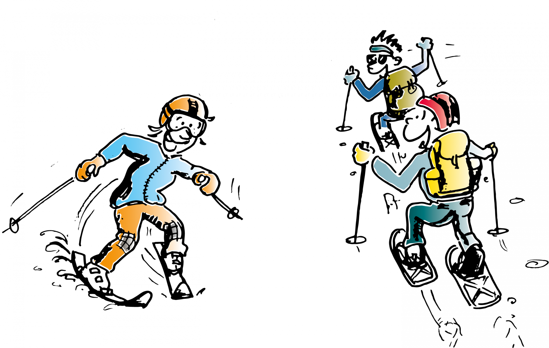 Fumetto: tre bambini sciano