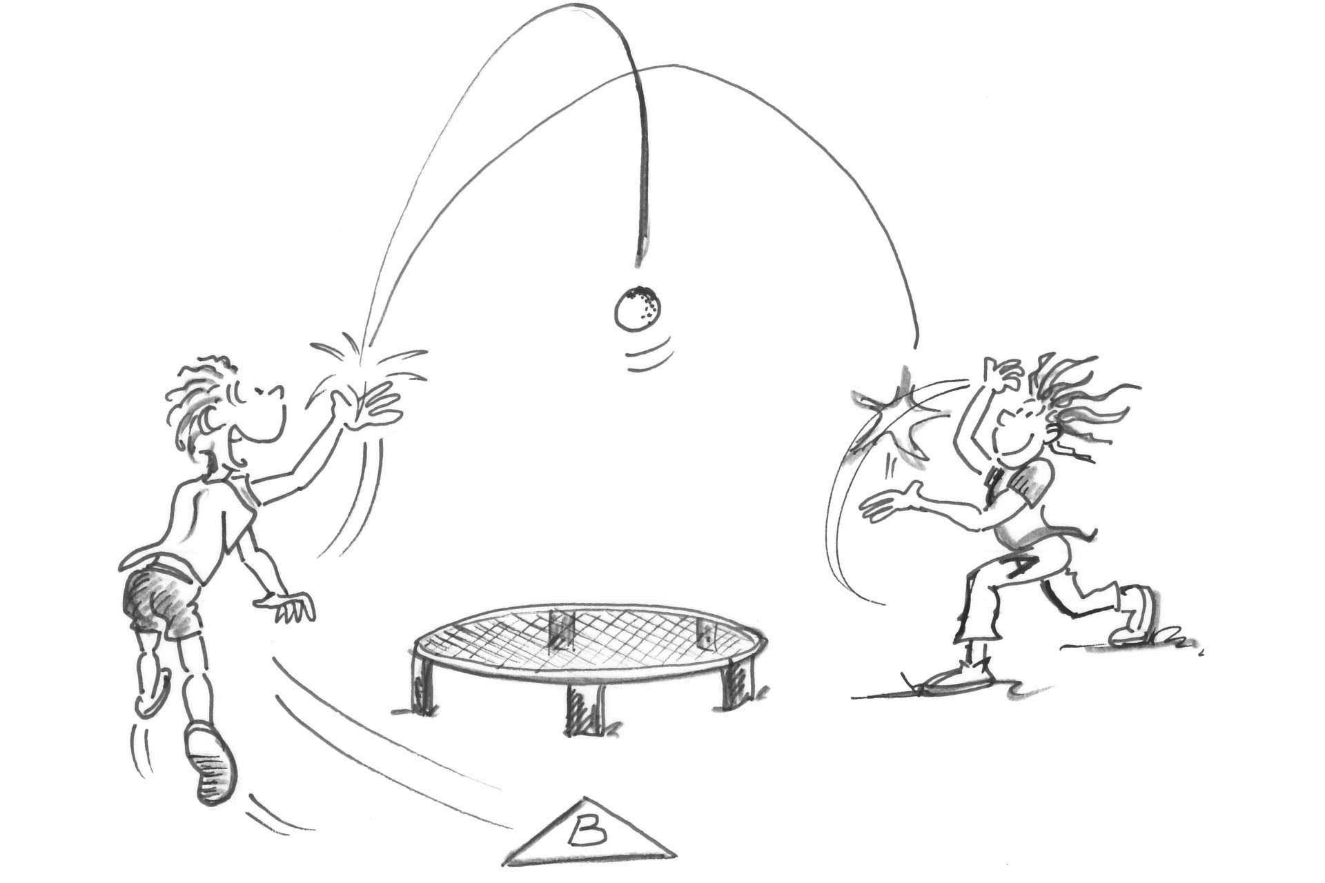 Dessin: deux joueurs se font des passses par-dessus le filet de roundnet.