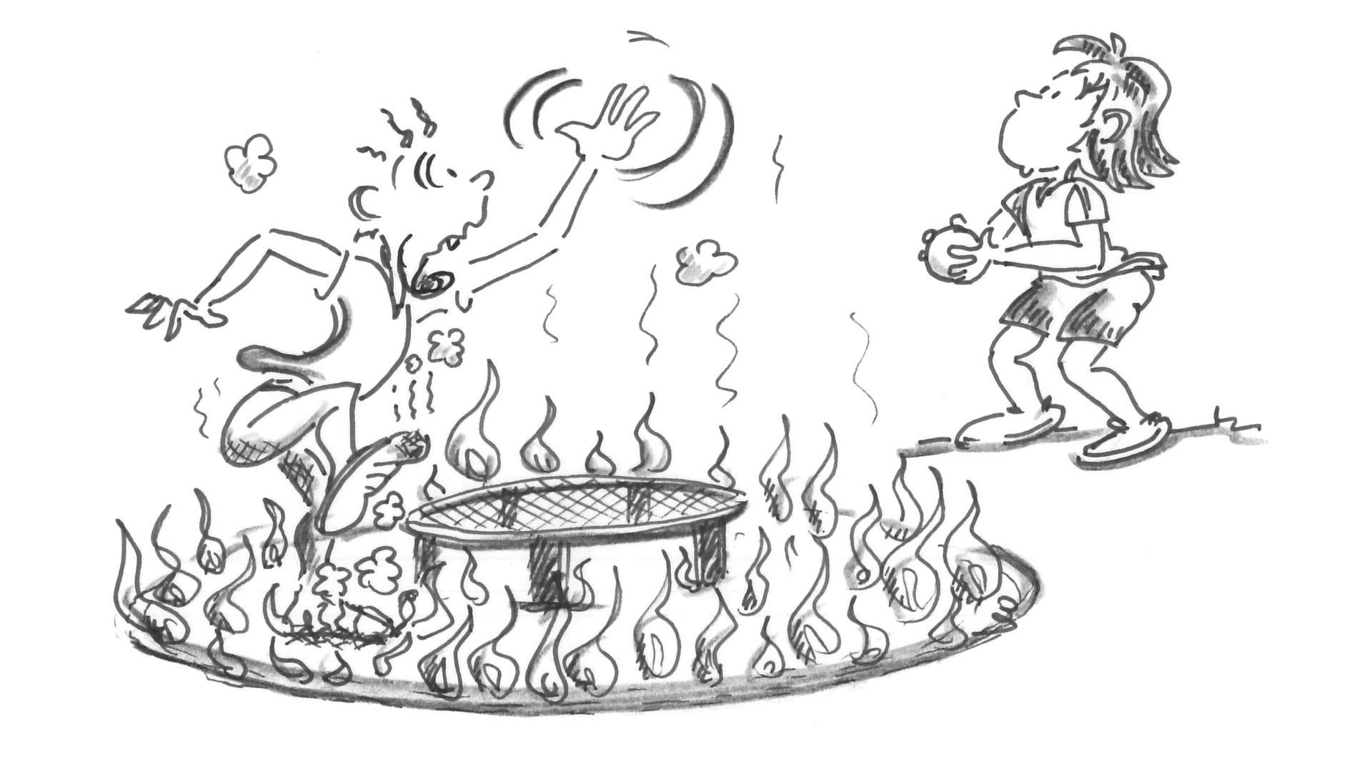 Dessin: un joueur se trouve dans un cercle en flammes au centre duquel se trouve le filet.