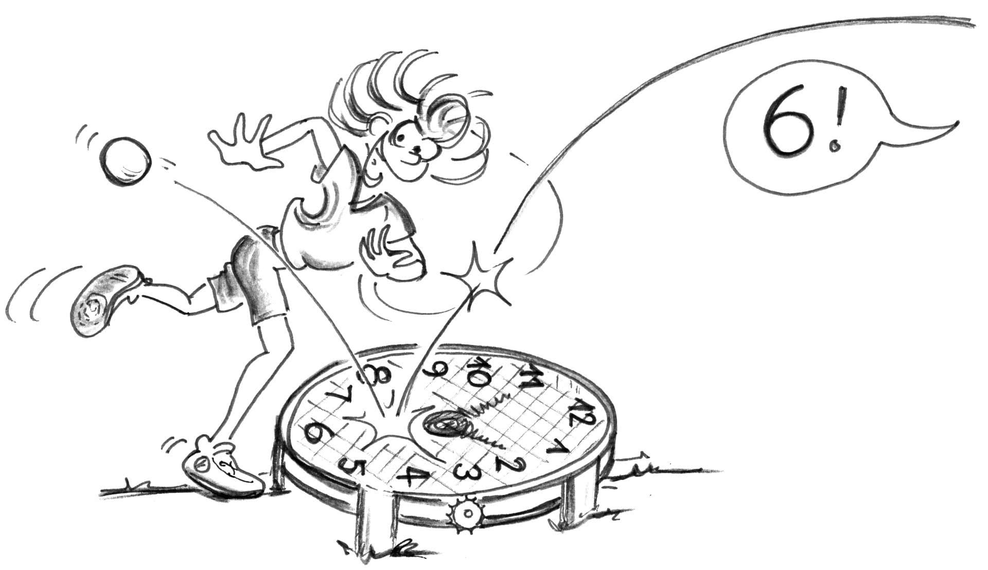 Dessin: un joueur frappe sur un filet sur lequel sont indiquées les heures d'une montre.