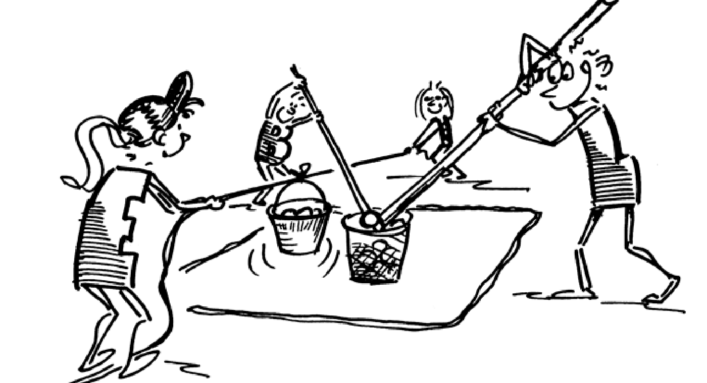 Fumetto: diversi bambini pescano degli oggetti da un secchio posto al centro.