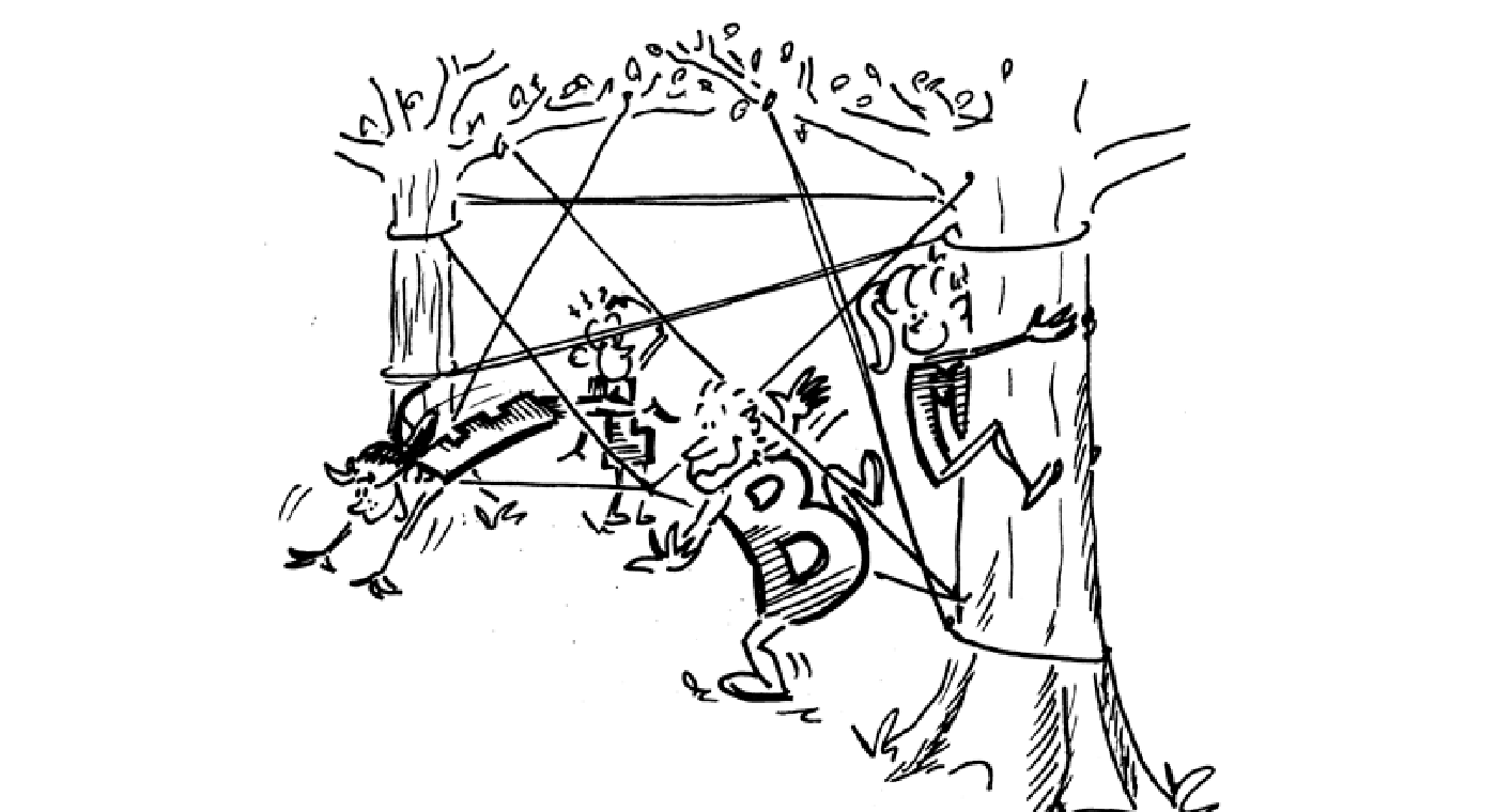 Fumetto: fra due alberi i bambini hanno teso una ragnatela di corde per saltare e cercano di passare attraverso i fori.
