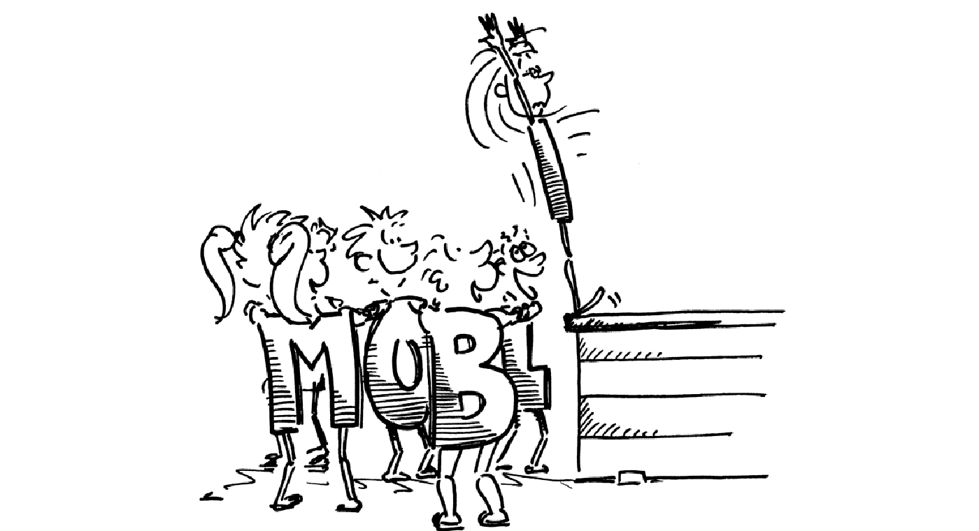 Fumetto: un'allieva è in piedi sul bordo di un cassone e si lascia cadere all'indietro fra le braccia di un gruppo di compagni che aspettano di sorreggerla.