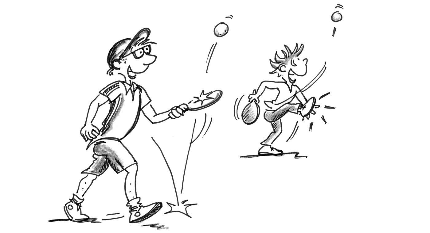 Dessin: deux personnes marchent en faisant rebondir une balle sur le sol et sur la raquette.