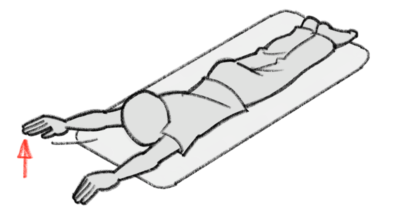 Dessin: une personne est couché sur le ventre, les bras devant soi.