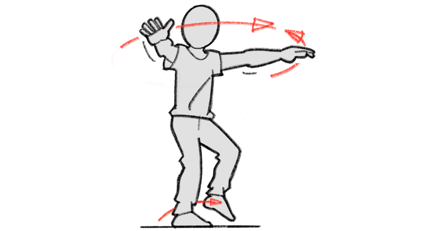 Dessin: une personne effectue un kick avec les bras levés sur le côté.