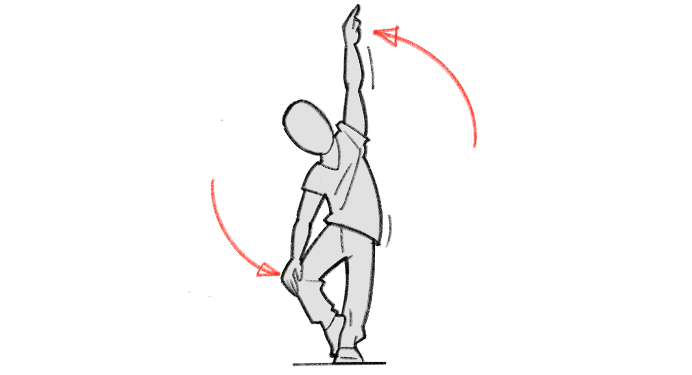 Dessin: une personne est debout sur une jambe et et tend les bras latéralement.