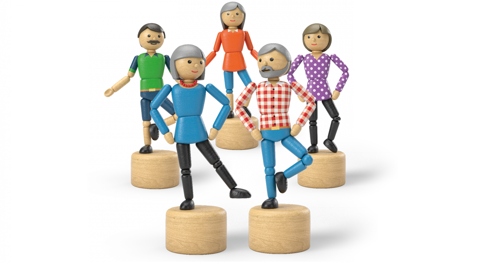 Cinq figurines en bois positionnées sur une jambe pour représenter un exercice d'équilibre.