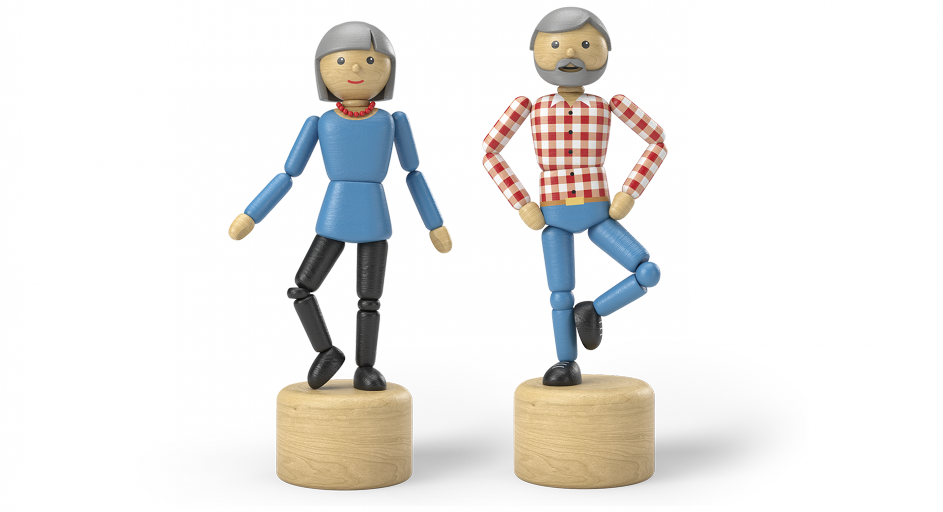 Deux figurines en bois positionnées sur une jambe pour représenter un exercice d'équilibre.