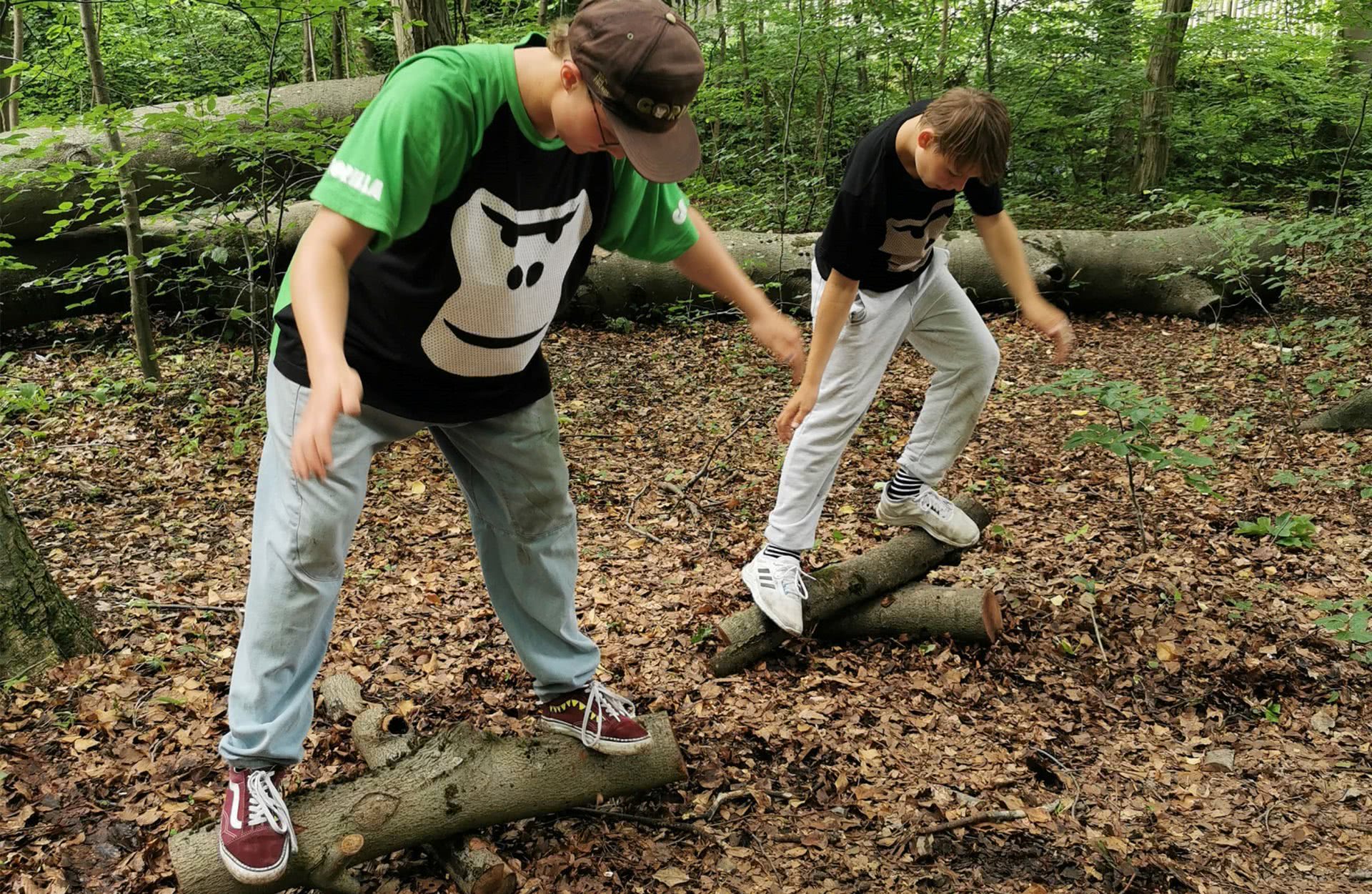 Zwei Jungs balancieren im Wald auf zwei Holzblöcken.