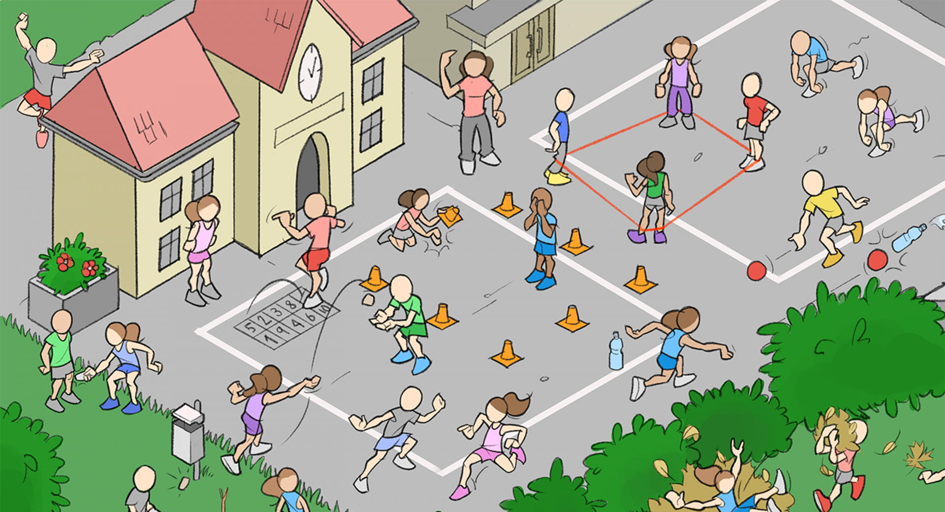 Dessin: Une cour d'école avec beaucoup d'enfants.