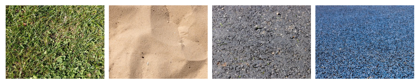 Bilder von Rasen, Sand, Asphalt und  Kunststoffbelägen.