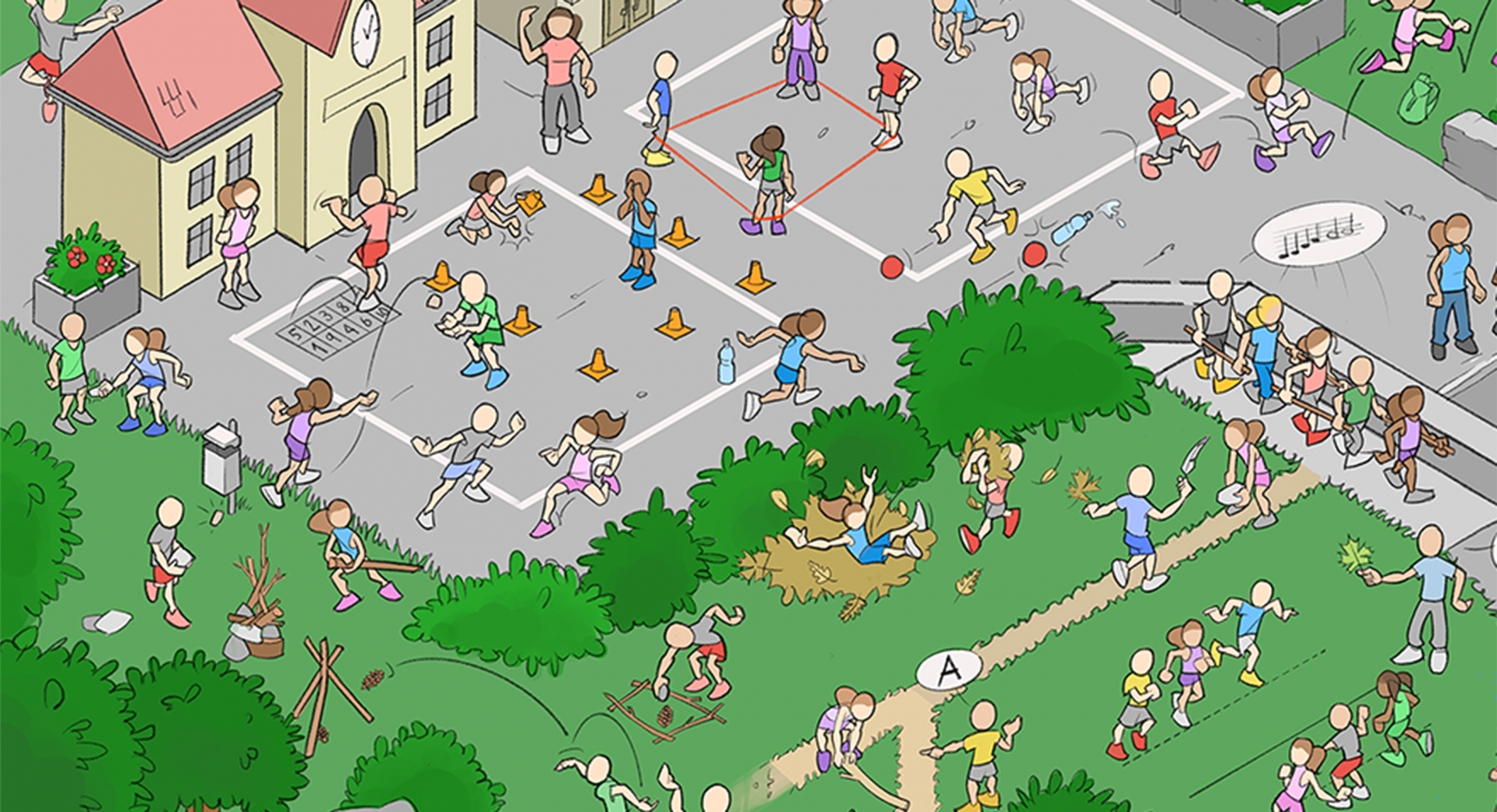Wimmelbild, Zeichnung: Kinder draussen am Spielen, auf Schulplantz, im Wald, unterwegs. 