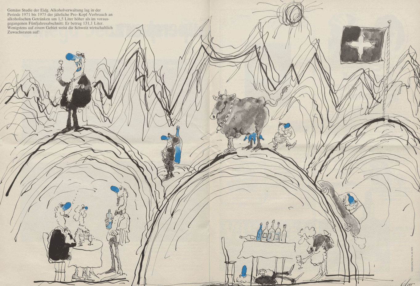 Illustration des «Nebelspalter» vom 9. November 1976 zum Alkoholkonsum in der schweizerischen Gesellschaft. Quelle: Sucht – «Jeder Jugend ihre Drogen» Provozieren – Abgrenzen – Definieren | Sozialgeschichte 
