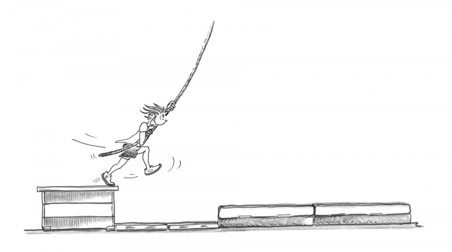 Dessin: un élève s’élance d'un caisson en se tenant à la corde en direction de deux gros tapis.