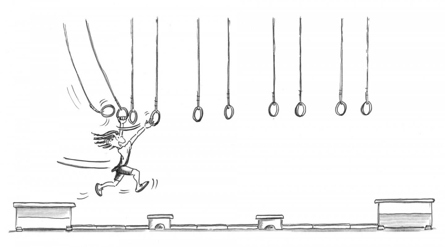 Dessin: un enfant traverse une rangée d’anneaux d’un caisson à l’autre, en suspension.
