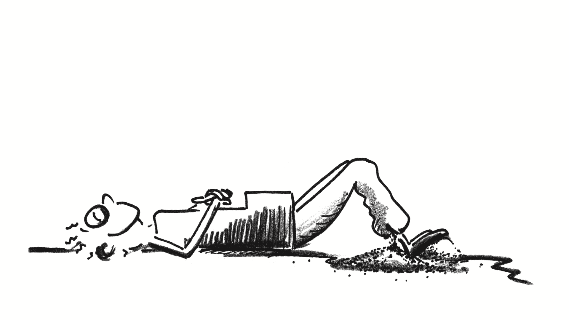 Disegno: un allievo è disteso per terra, si rilassa e dai suoi pantaloni escono mucchi di sabbia