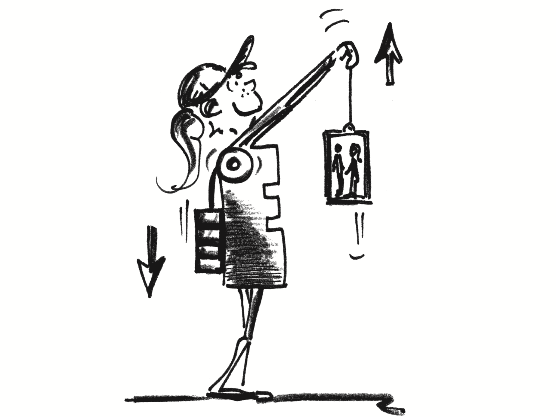 Disegno: un'allieva è in piedi e con le braccia solleva un ascensore in miniatura