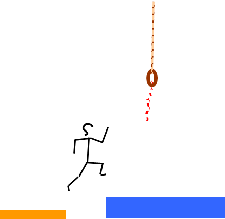 Grafik: Eine Person springt auf eine grosse Matte in die Höhe. Vor der Person ist ein Bändel an einem Schaukelring befestigt.