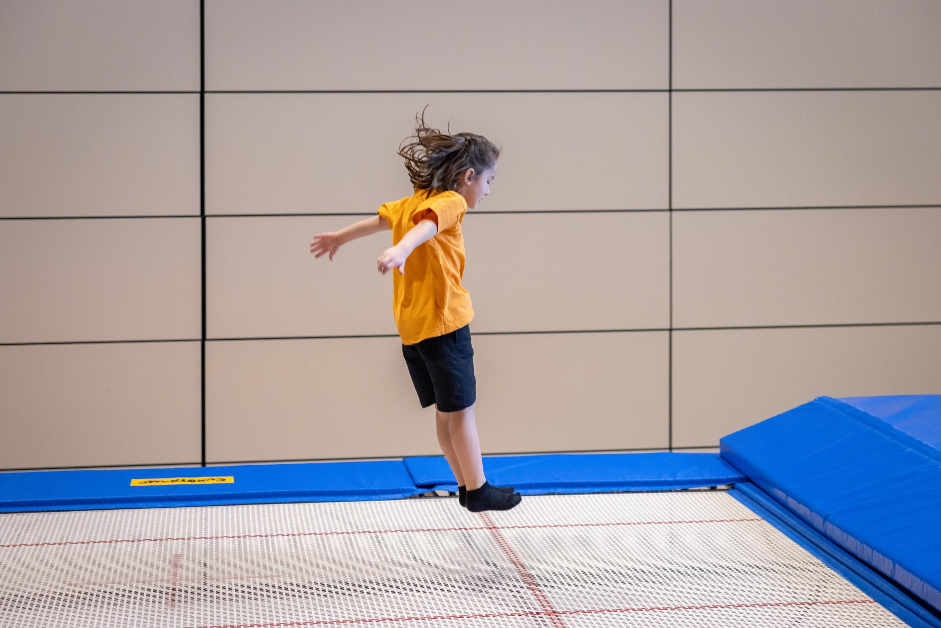 I ginnasti saltano avanti e indietro sul trampolino da una linea all’altra. L’obiettivo è di atterrare il maggior numero di volte consecutivamente sulle linee.