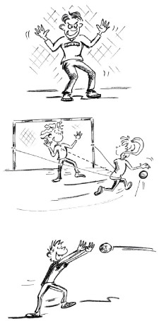 Trois dessins présentant la technique du gardien (position, déplacement, jeu des mains et des pieds)