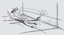 Fumetto: due allievi giocano con la palla e uno si lancia per terra per afferrarla
