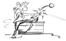 Fumetto: un giocatore davanti a un cassone lancia un pallone con il piede.
