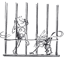 Disegno: un bambino aggrappato con le mani a due pertiche scavalca una corda, mentre una scimmietta passa sotto la stessa pertica a pochi passi da lui