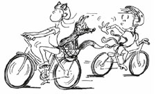 Dessin: deux enfants roulent à vélo, l'un d'eux transportent un renard sur le porte-bagage.