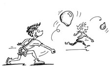 Dessin: deux enfants frappent chacun un ballon gonflable vers le haut avec l'avant-bras.