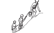 Grafik: Seilschaft beim Aufstieg auf einen Berg. 
