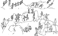 Un disegno che raffigura delle montagne su cui si trovano diversi scalatori.
