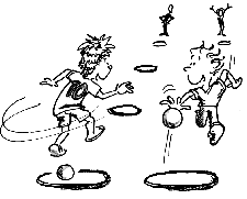 Grafik: Zwei Commicfiguren prellen den Ball durch Reifen.