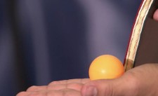 Primo piano su una mano su cui è appoggiata una pallina da tennistavolo arancione.