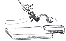 Disegno: Un bambino si tiene saldamente ad una corda e dondola in avanti e all'indietro tenendo una palla fra i piedi