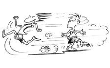 Fumetto: un bambino corre molto veloce accanto ad un compagno spaventato.