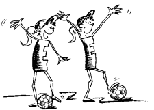 Comic: Zwei Fussballspielerinnen mit Ball zwischen den Füssen beim Jubel.