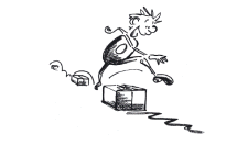 Fumetto: un bambino salta sopra una scatola.