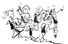 Mehrere Kinder marschieren mit Instrumenten und spielen. 