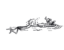 Dessin: un enfant nage la brasse en s'accrochant à une planche sur laquelle se trouve une grenouille dictant le rythme.