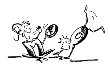 Fumetto: un bambino batte su un tamburello mentre l'altro fa una ruota.
