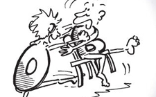 Nel disegno due allievi si affrontano su un tatami. Uno è seduto su una sedia che sta cadendo all'indietro.