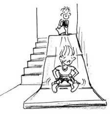 Disegno: dei bambini scivolano su dei tappeti collocati su una scala