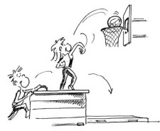 Dessin: debout sur un caisson, des enfants tirent dans un panier de basket.